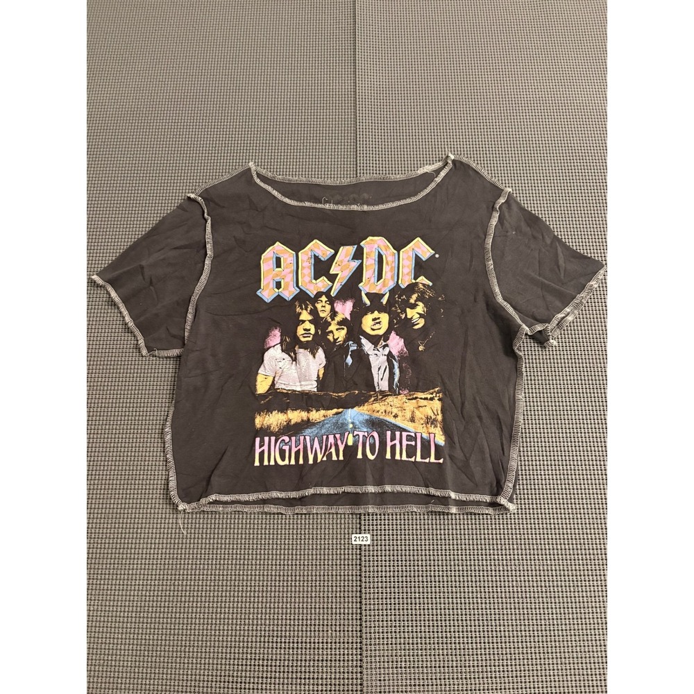 AC/DC Highway to Hell Graphic Crop Top Gray Exposed Stitching Large